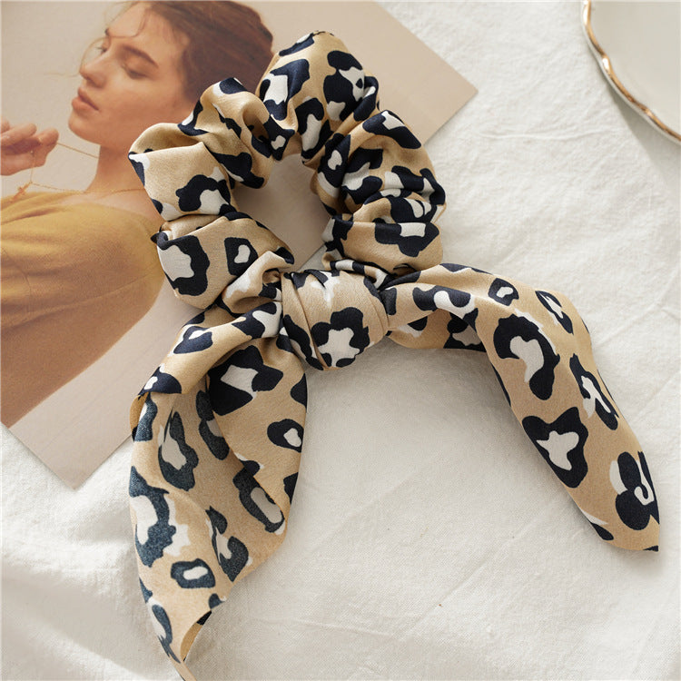 Leopard Print Bow Tail Scrunchie - Khaki