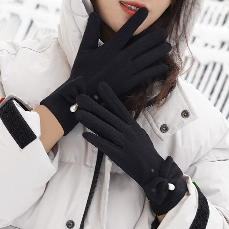 Bow Pearl Touchscreen Winter Gloves - Black