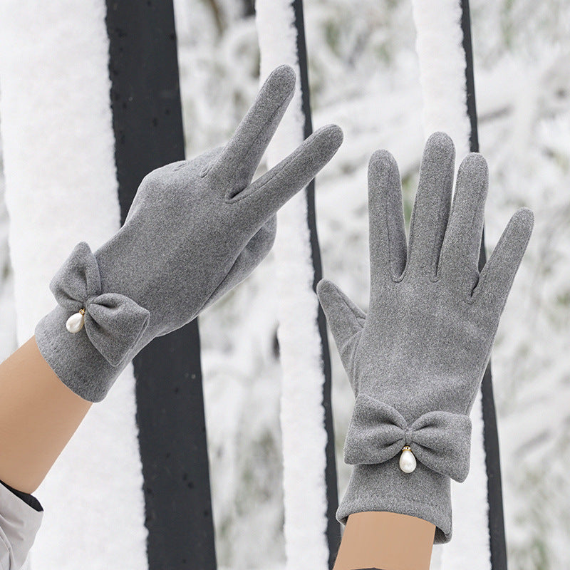 Bow Pearl Touchscreen Winter Gloves - Grey