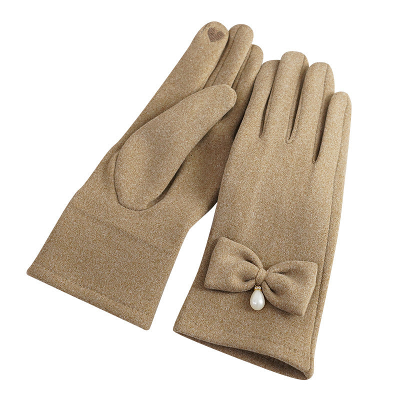 Bow Pearl Touchscreen Winter Gloves - Khaki - 1