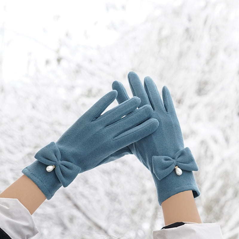 Bow Pearl Touchscreen Winter Gloves - LakeBlue