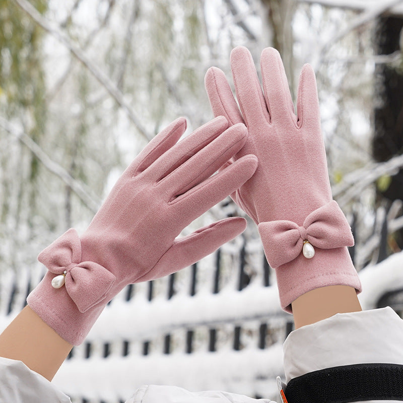 Bow Pearl Touchscreen Winter Gloves - Pink