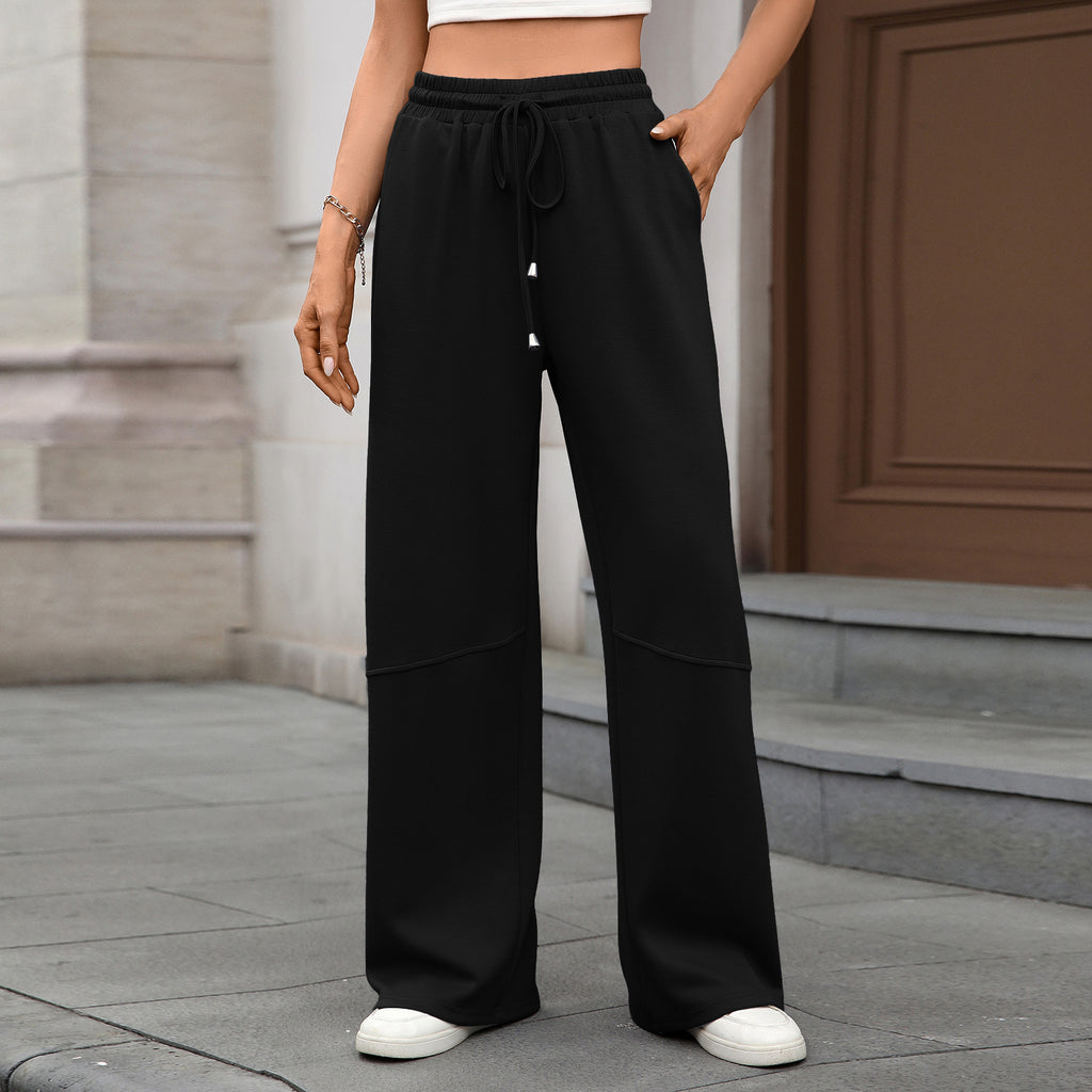 Seamed Wide Leg Drawstring Jogger Pants - Black