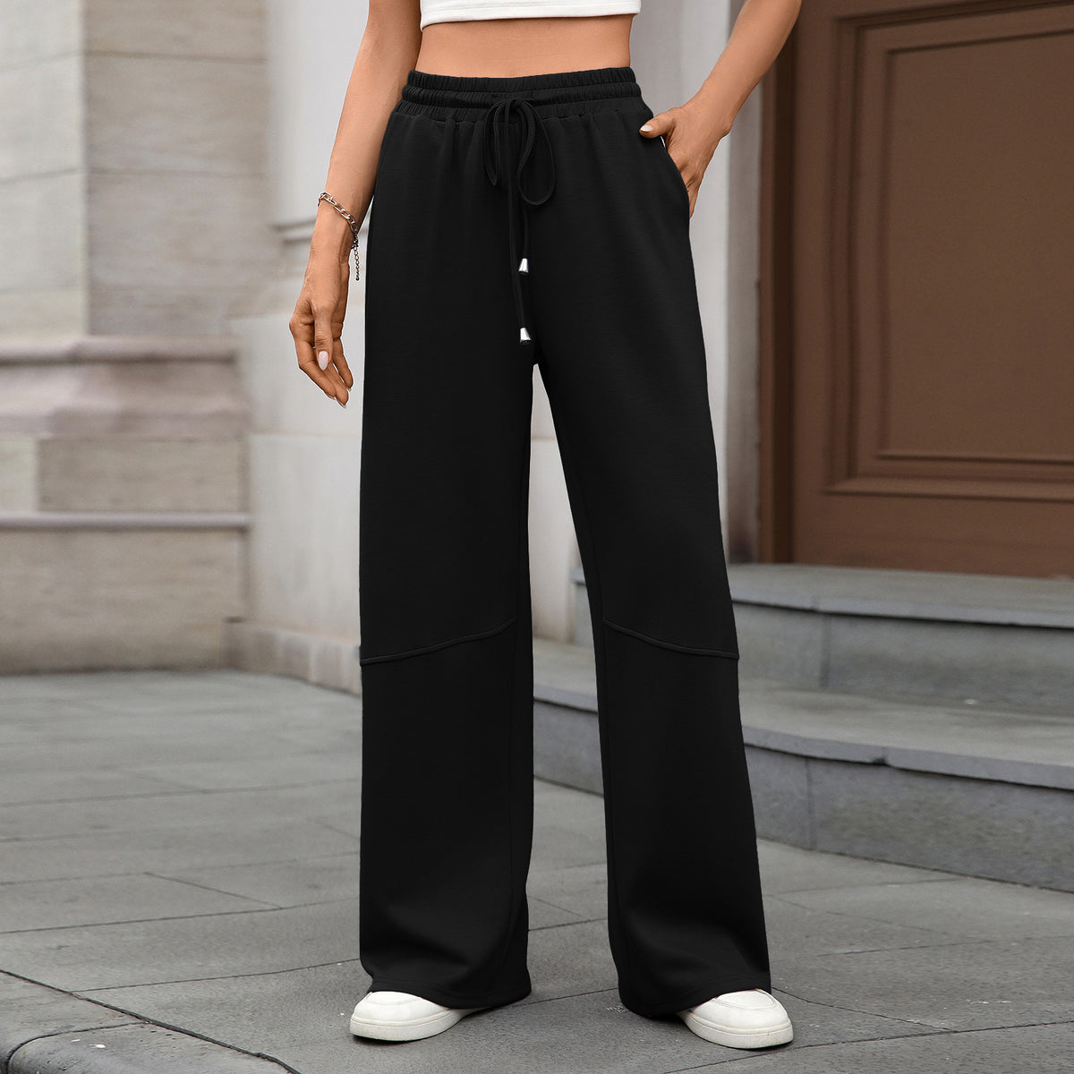 Seamed Wide Leg Drawstring Jogger Pants - Black
