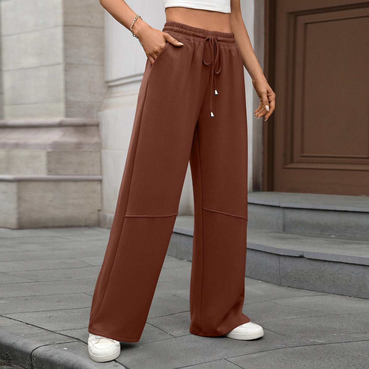 Seamed Wide Leg Drawstring Jogger Pants - Brown