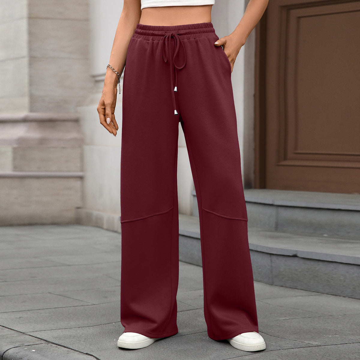 Seamed Wide Leg Drawstring Jogger Pants - Winered