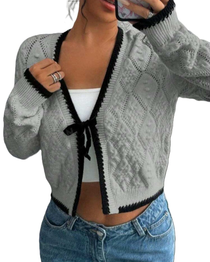 Cropped Cable Knit Tie Front Cardigan - Grey