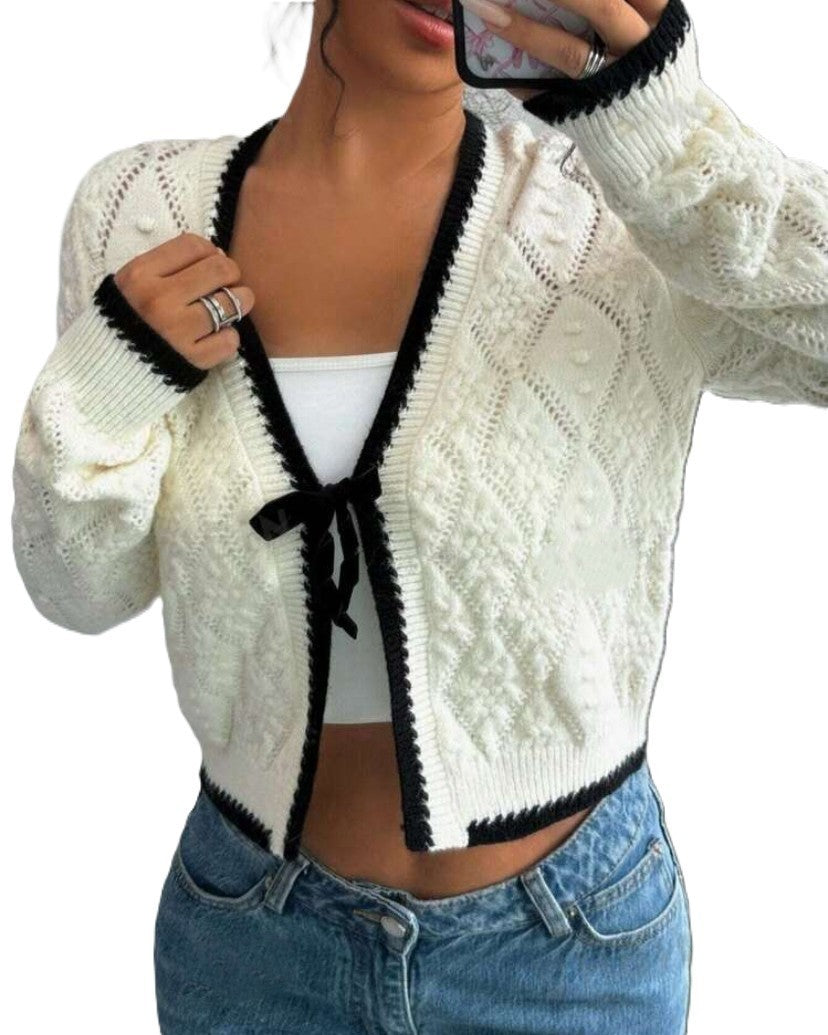 Cropped Cable Knit Tie Front Cardigan - White - 1
