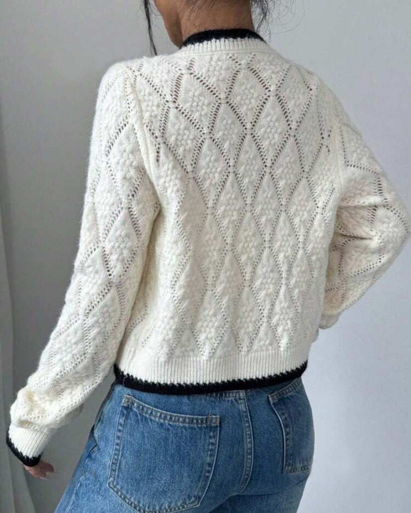 Cropped Cable Knit Tie Front Cardigan - White - 2