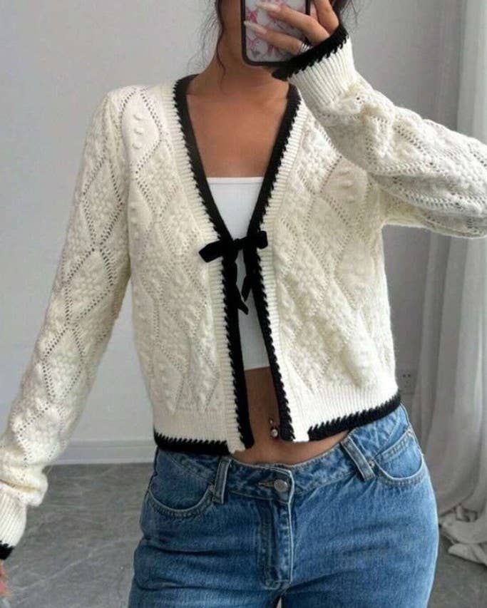 Cropped Cable Knit Tie Front Cardigan