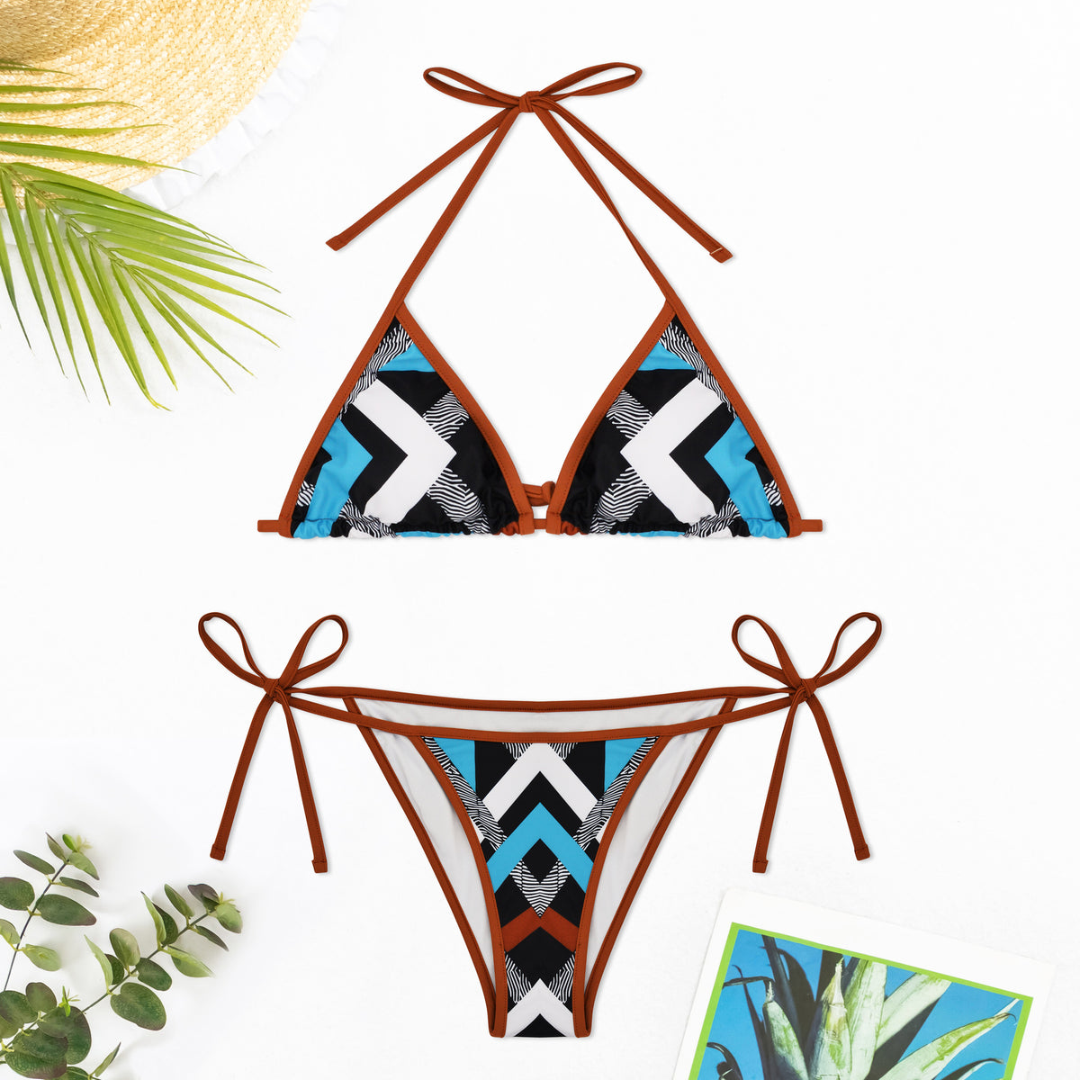 Geometric Print Contrast Trim Triangle Bikini - Blue - 1