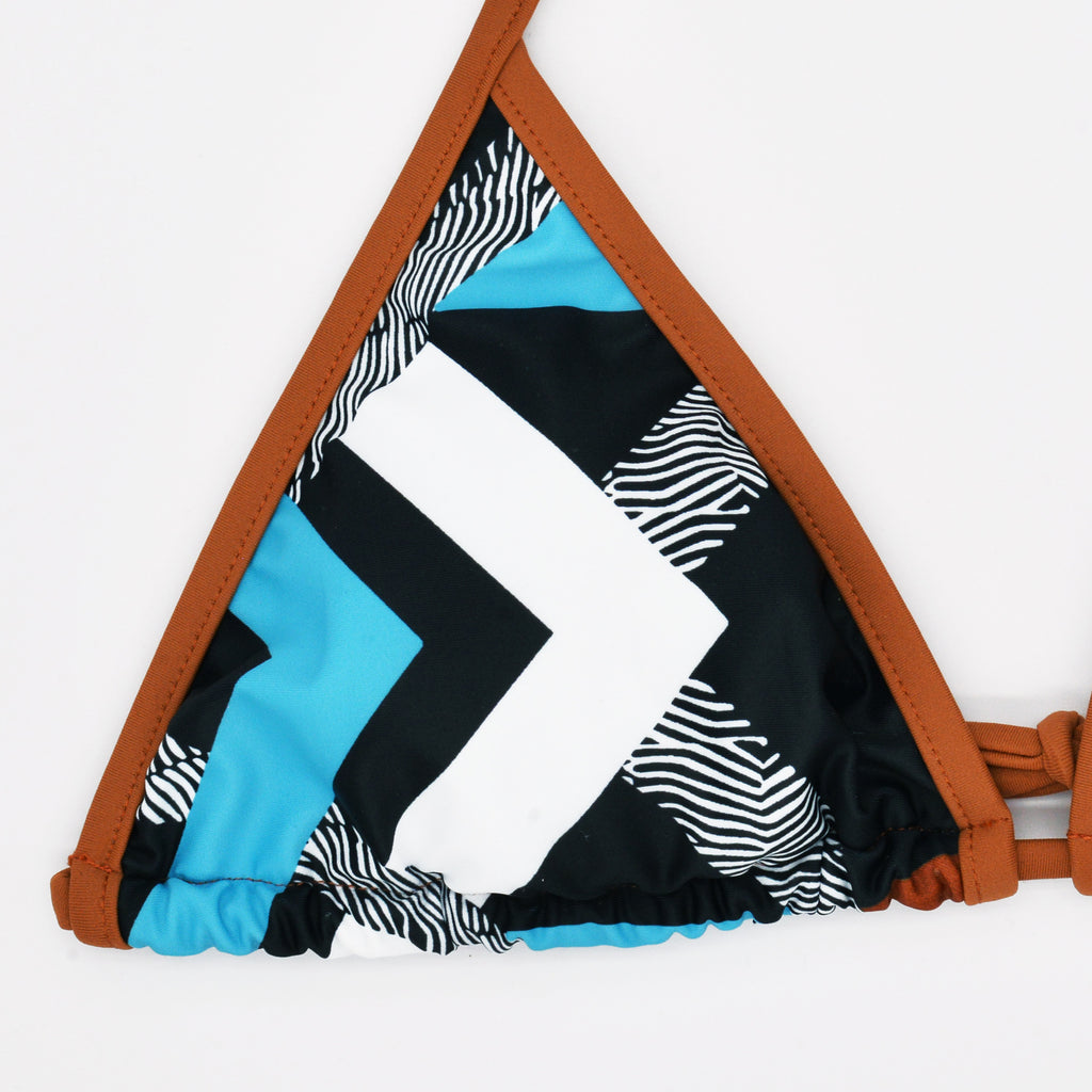 Geometric Print Contrast Trim Triangle Bikini - Blue - 3