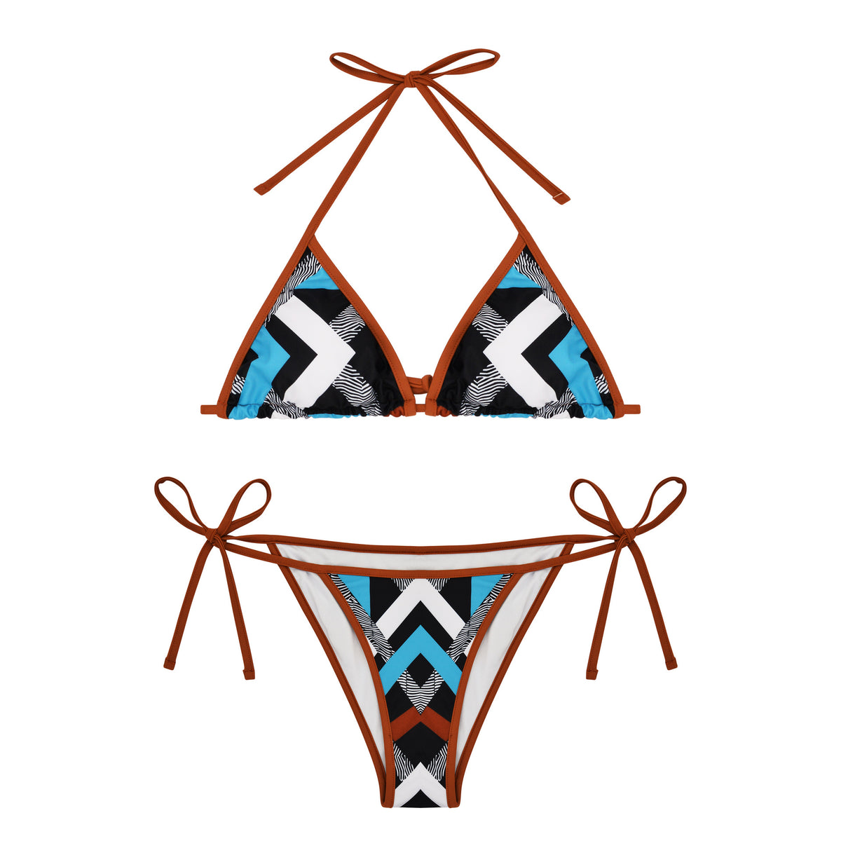 Geometric Print Contrast Trim Triangle Bikini - Blue - 6