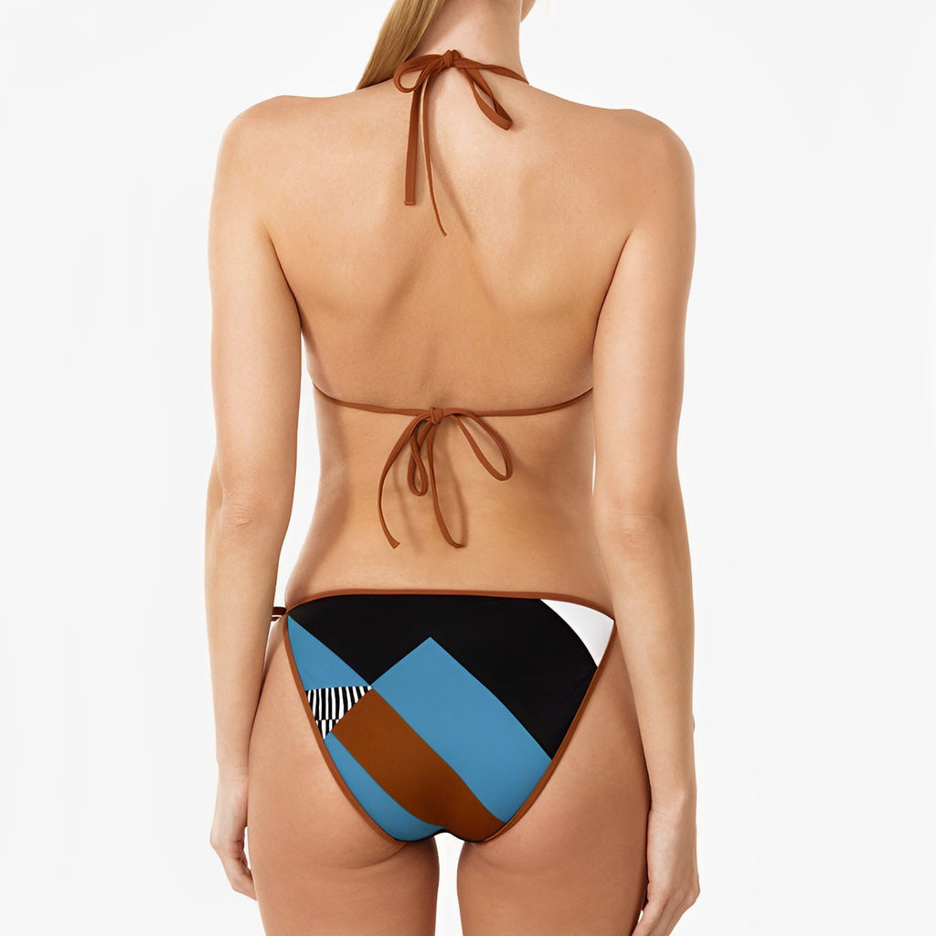 Geometric Print Contrast Trim Triangle Bikini - Blue - 7