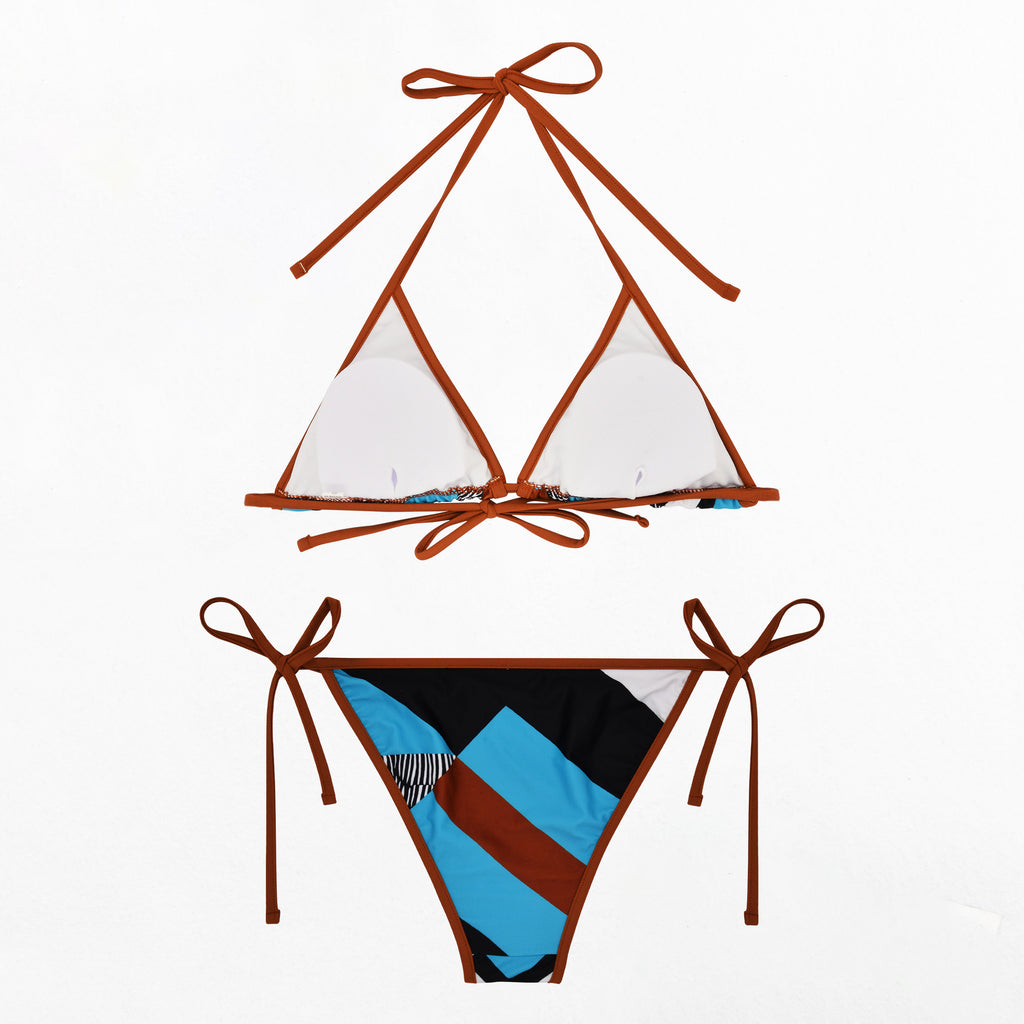 Geometric Print Contrast Trim Triangle Bikini - Blue - 8