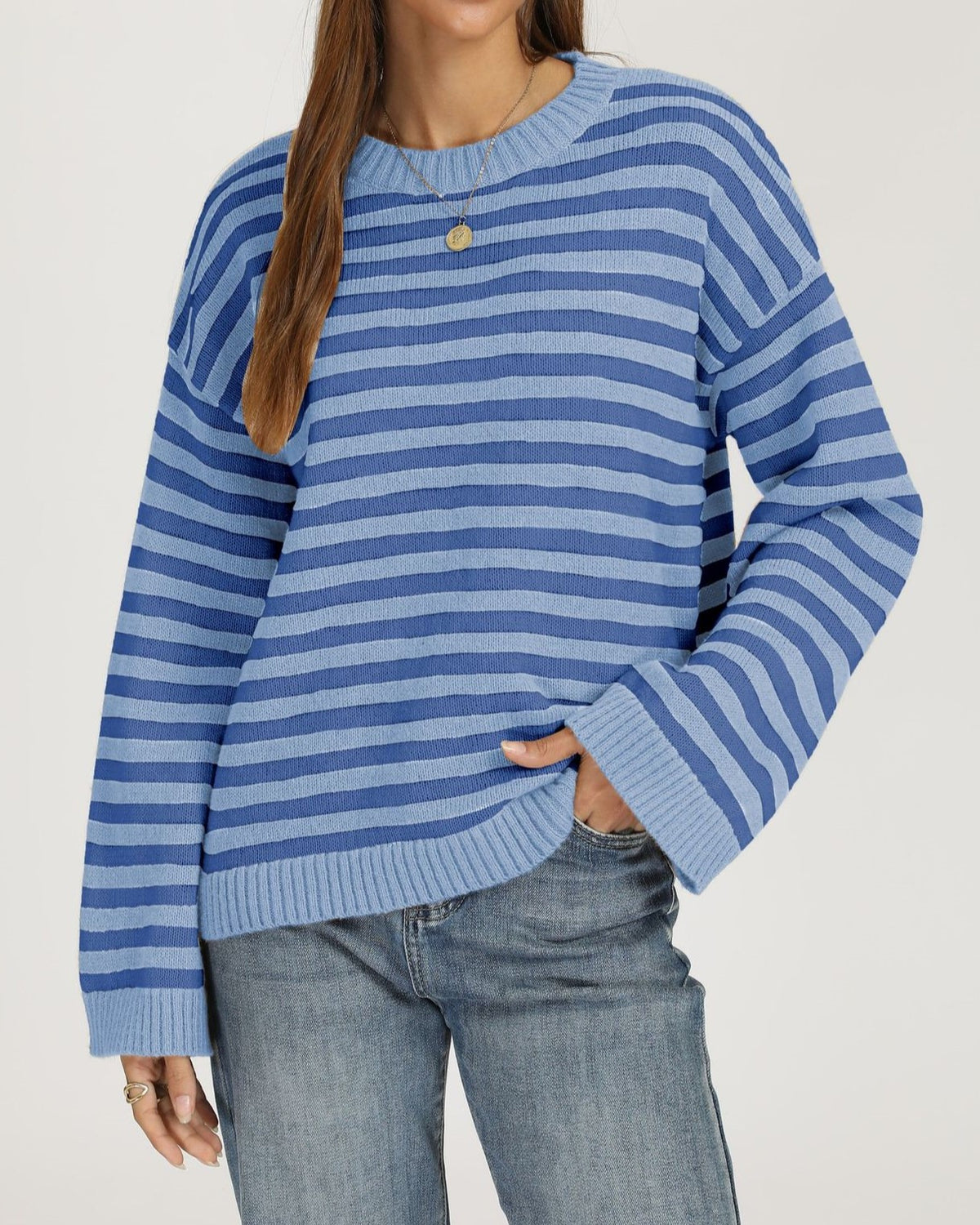 Striped Drop Shoulder Sweater With Flared Cuffs - Blue