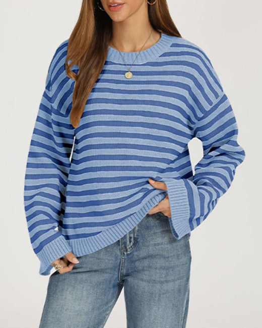 Striped Drop Shoulder Sweater With Flared Cuffs - Blue - 1