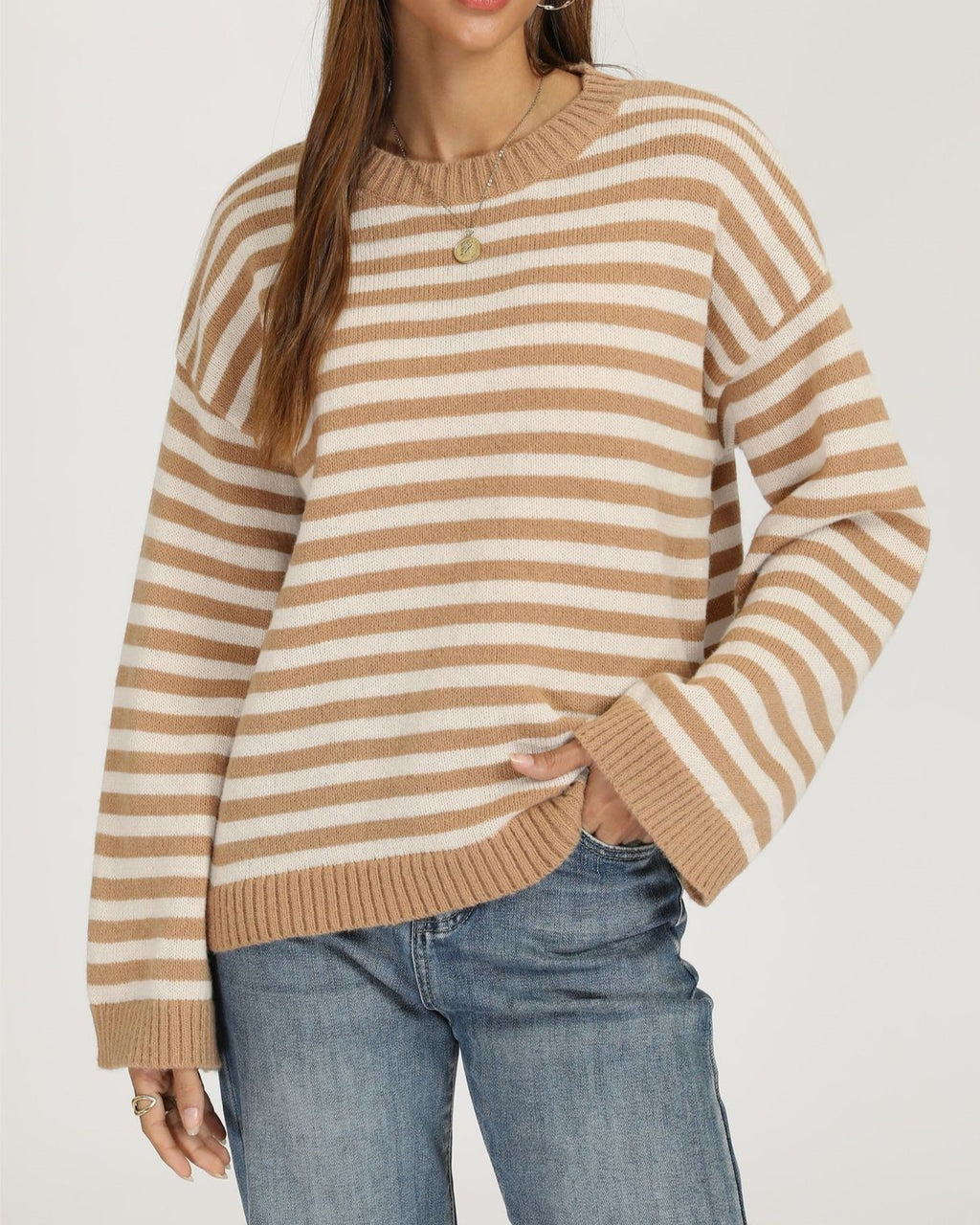 Striped Drop Shoulder Sweater With Flared Cuffs - Khaki
