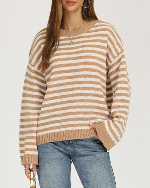 Striped Drop Shoulder Sweater With Flared Cuffs - Khaki - 1