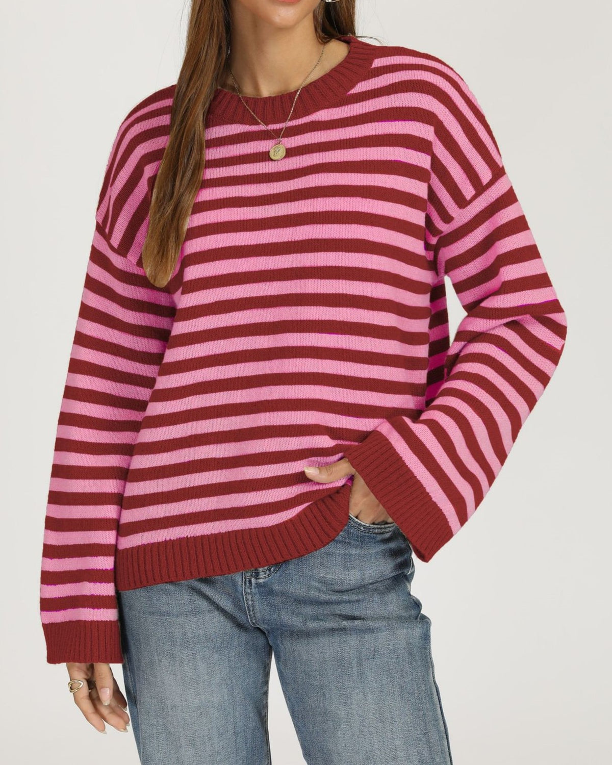 Striped Drop Shoulder Sweater With Flared Cuffs - Red
