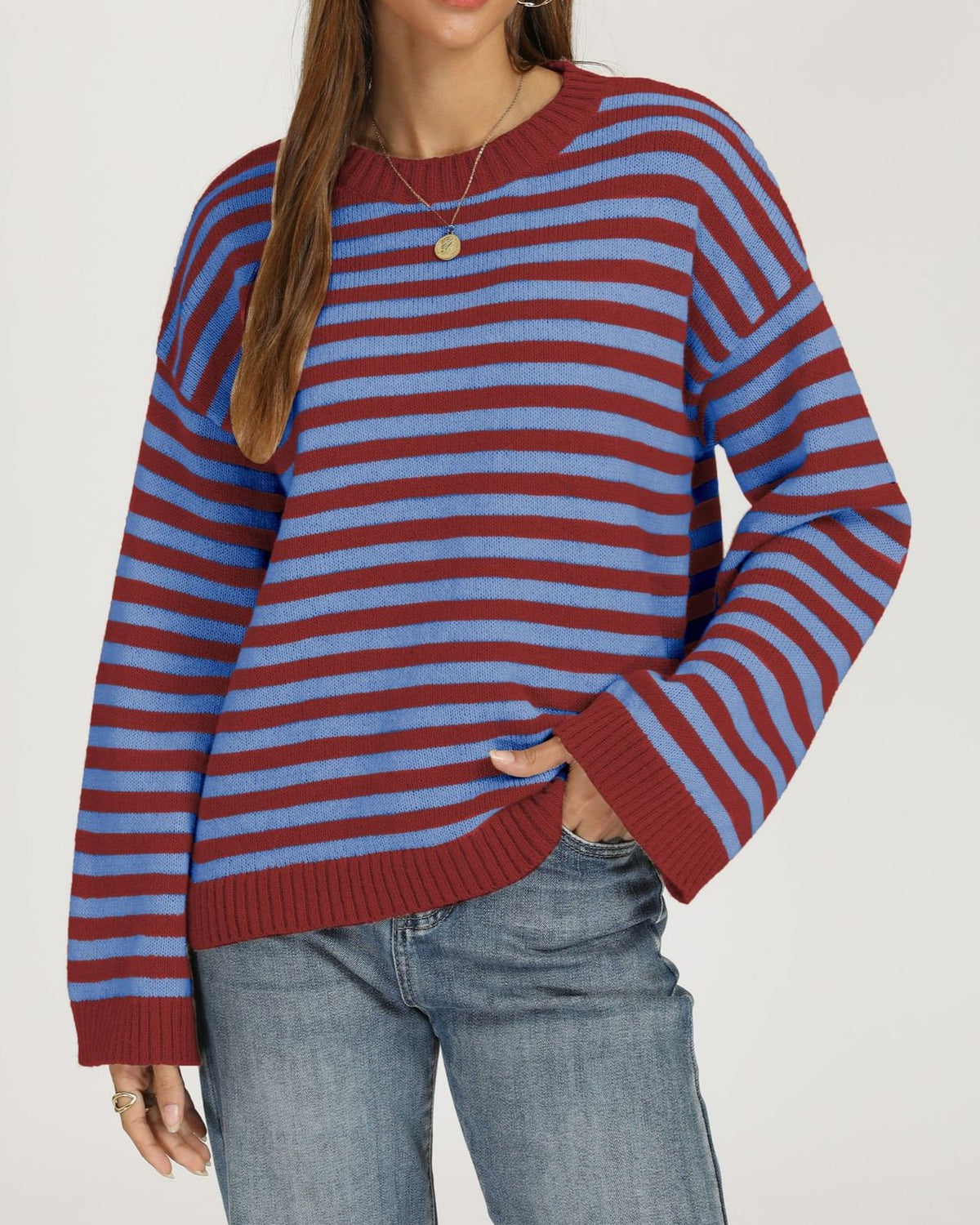 Striped Drop Shoulder Sweater With Flared Cuffs - Red_C
