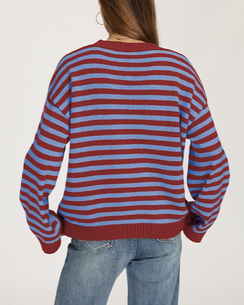 Striped Drop Shoulder Sweater With Flared Cuffs - Red_C - 1