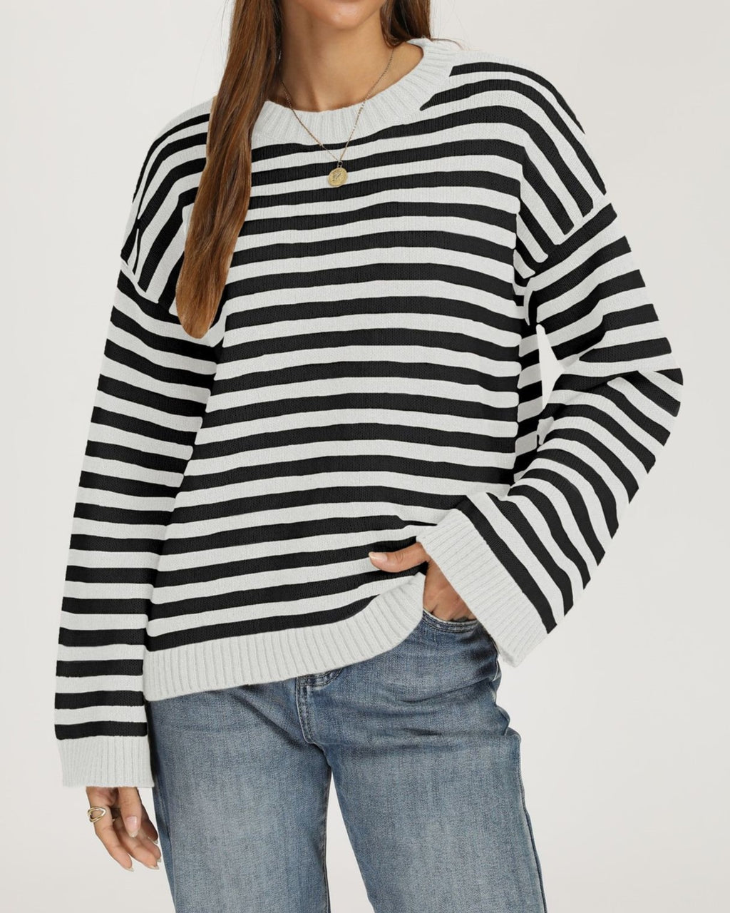 Striped Drop Shoulder Sweater With Flared Cuffs - White