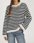 Striped Drop Shoulder Sweater With Flared Cuffs - White
