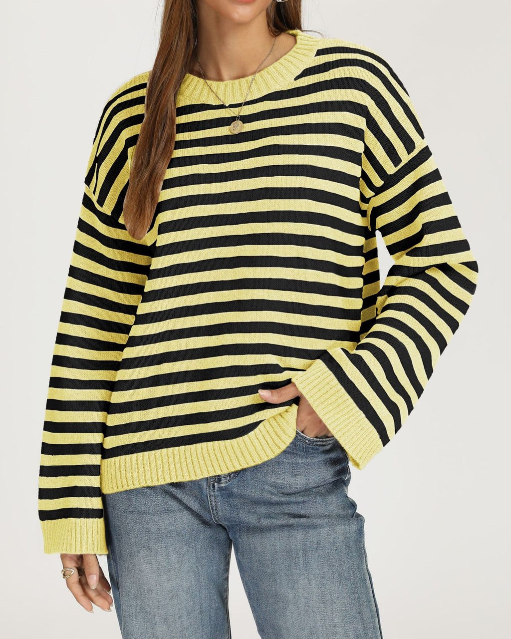 Striped Drop Shoulder Sweater With Flared Cuffs - Yellow