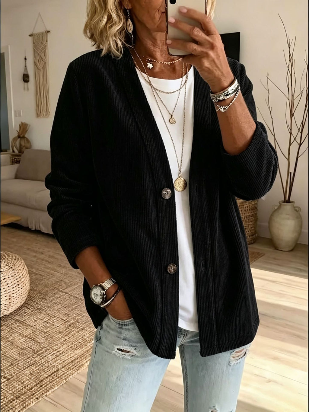Corduroy V Neck Button Front Relaxed Cardigan - Black