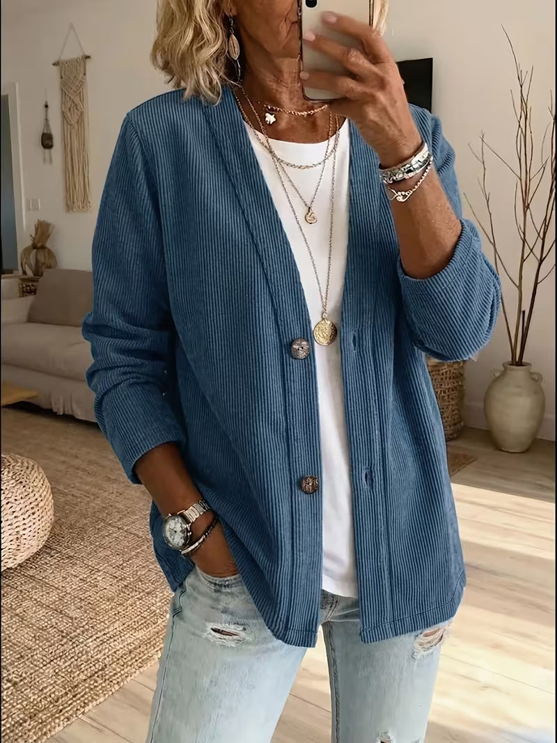Corduroy V Neck Button Front Relaxed Cardigan - Blue