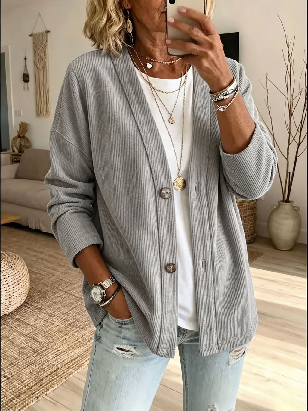 Corduroy V Neck Button Front Relaxed Cardigan - Grey