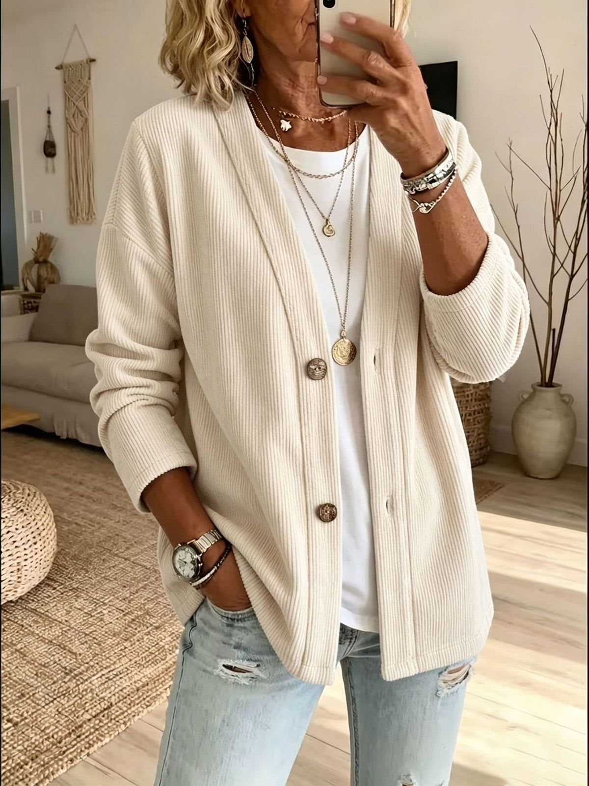 Corduroy V Neck Button Front Relaxed Cardigan - White