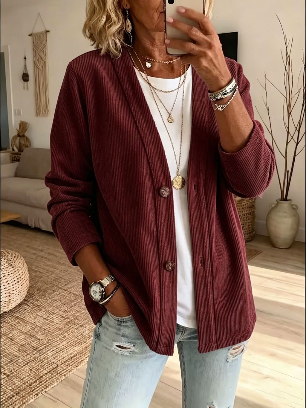 Corduroy V Neck Button Front Relaxed Cardigan - Wine_Red