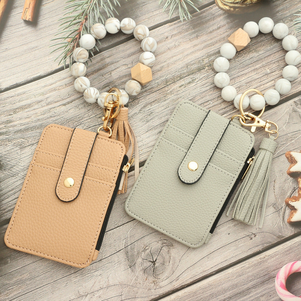 Animal Print Card Holder Wristlet Keychain - Khaki - 1