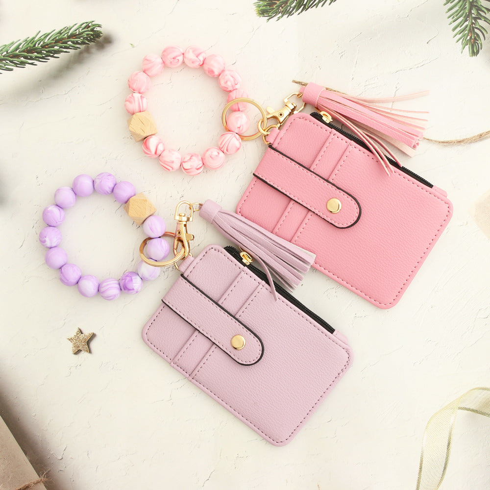 Animal Print Card Holder Wristlet Keychain - Pink - 4