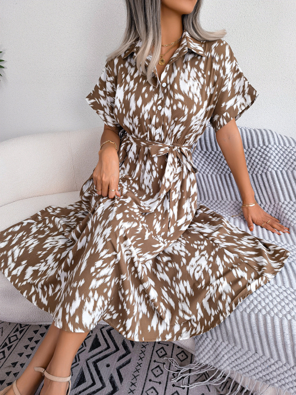 Belted Animal Print Midi Shirt Dress - Khaki