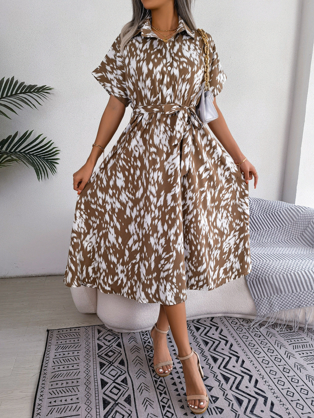 Belted Animal Print Midi Shirt Dress - Khaki - 1