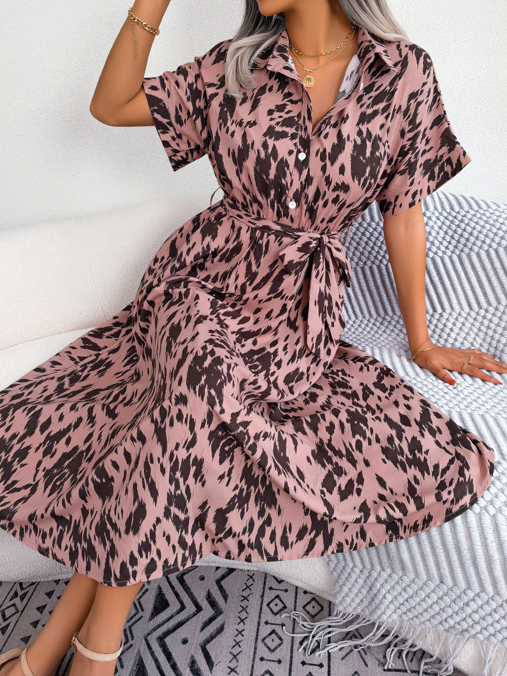 Belted Animal Print Midi Shirt Dress - Pink