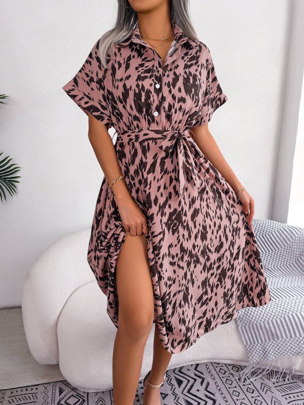 Belted Animal Print Midi Shirt Dress - Pink - 1