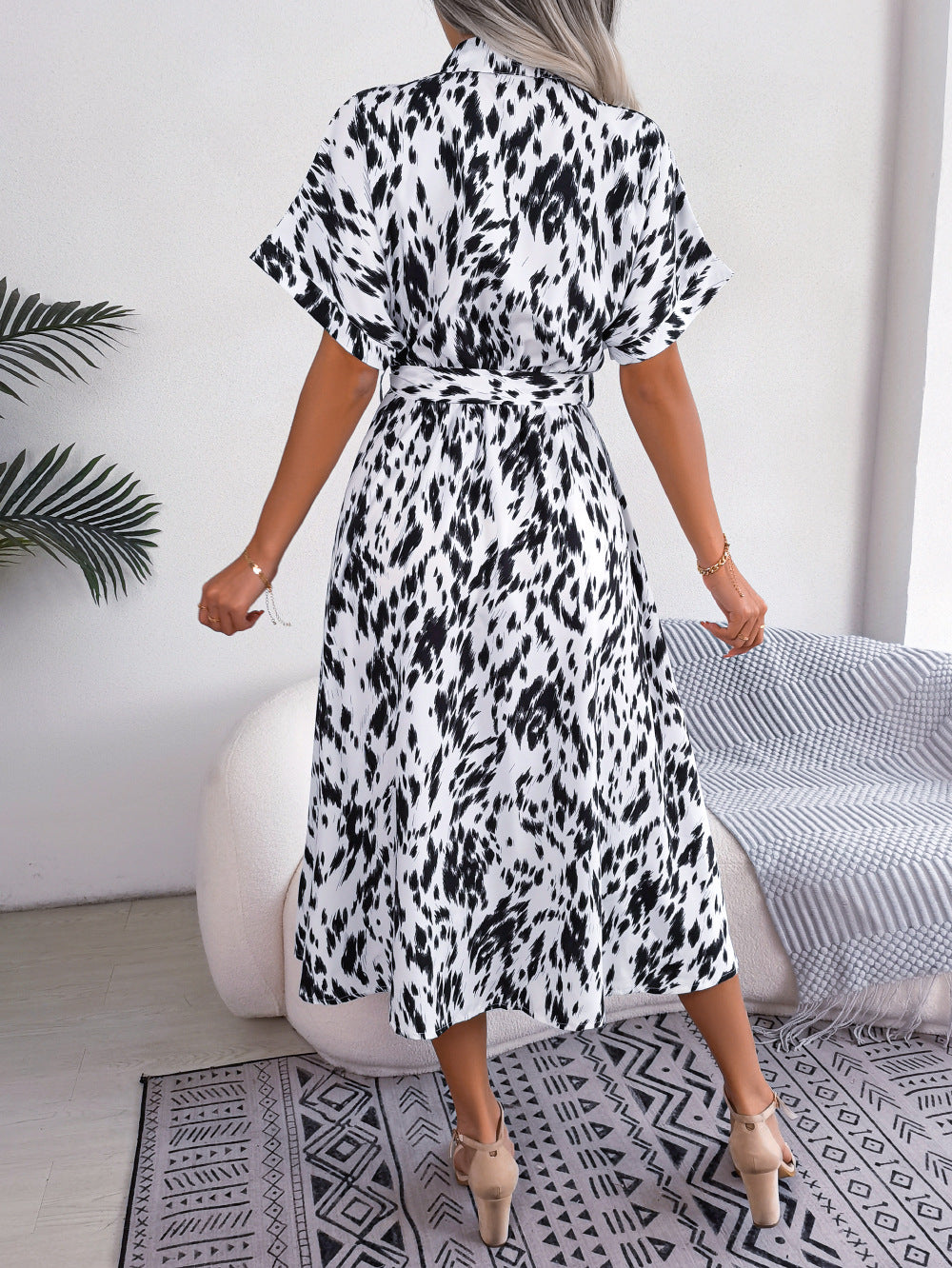 Belted Animal Print Midi Shirt Dress - White