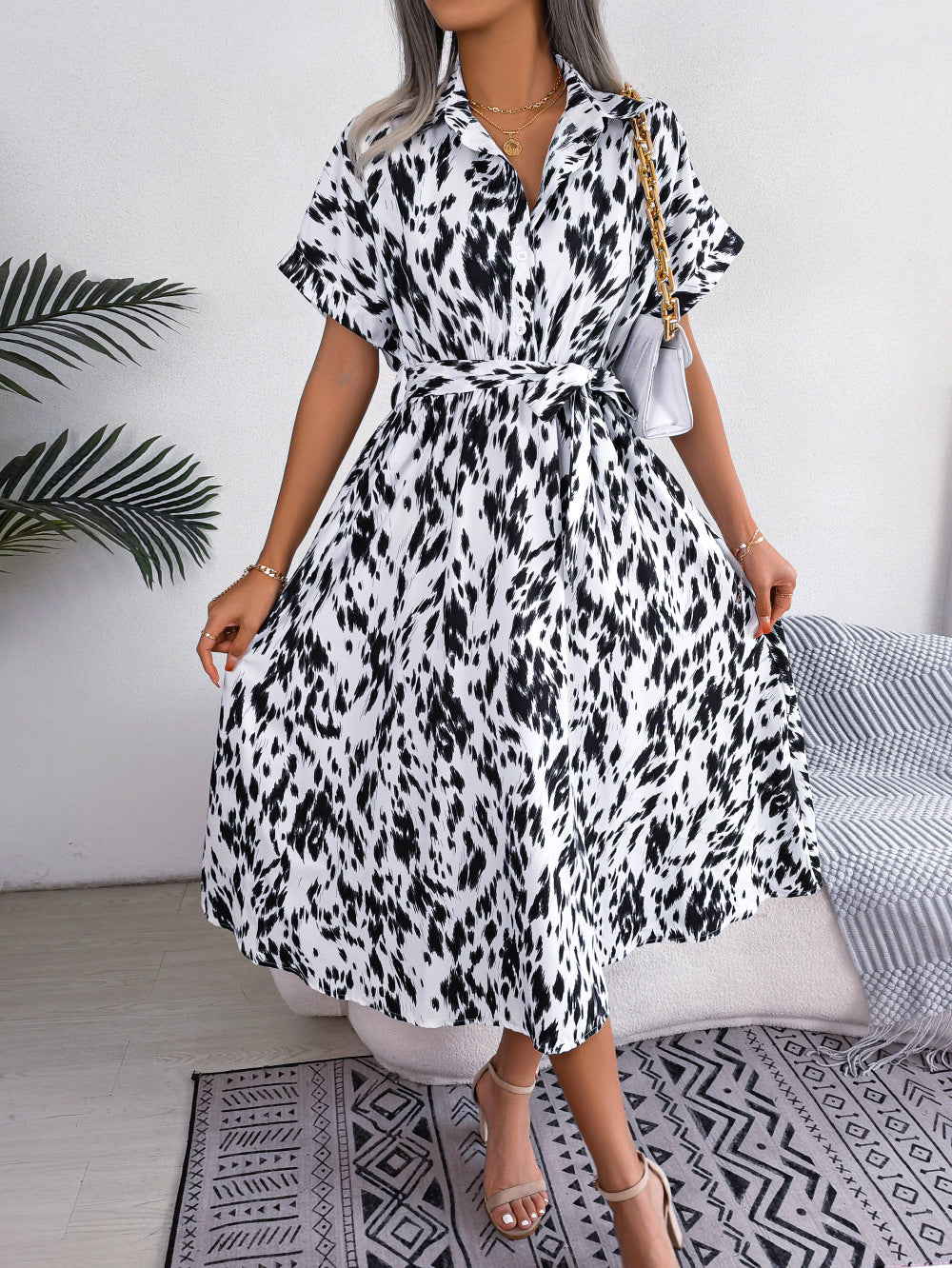 Belted Animal Print Midi Shirt Dress
