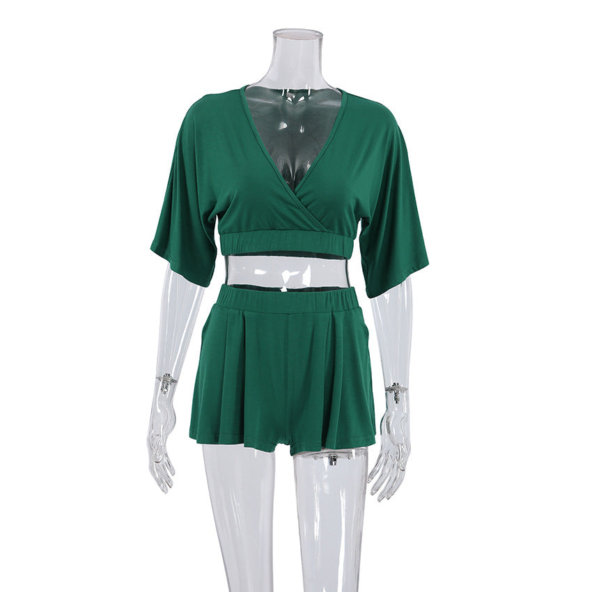 Wrap Front Crop Top and Shorts Pajama Set - Green