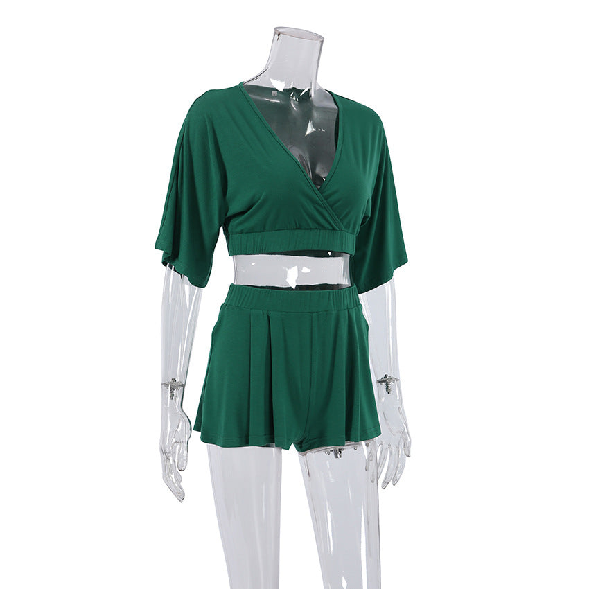 Wrap Front Crop Top and Shorts Pajama Set - Green - 1
