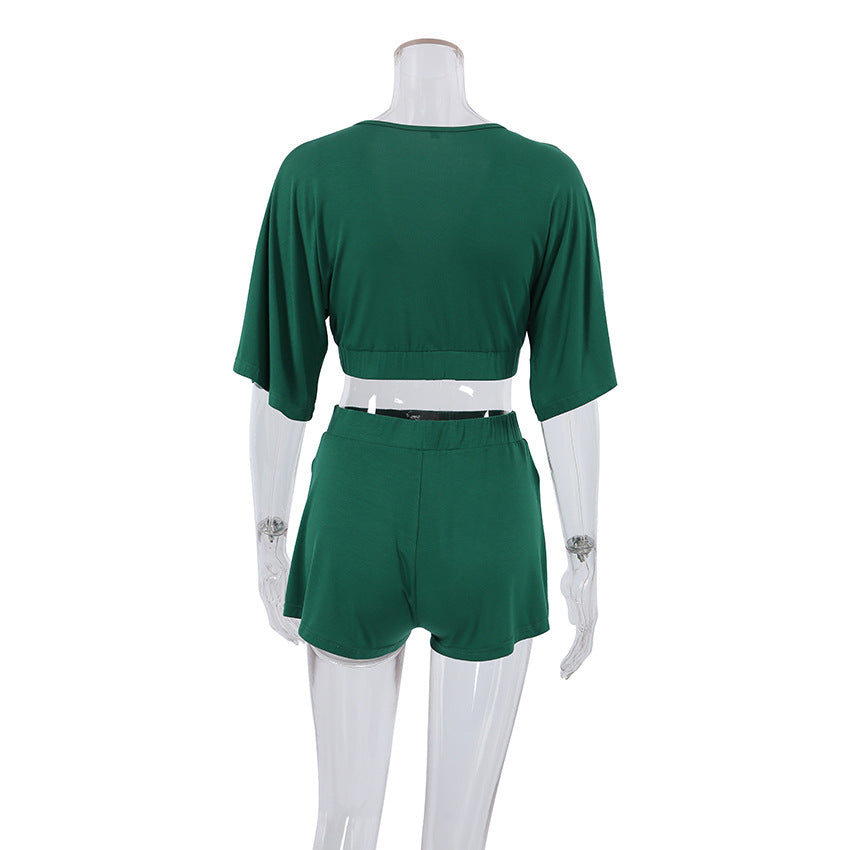 Wrap Front Crop Top and Shorts Pajama Set - Green - 2