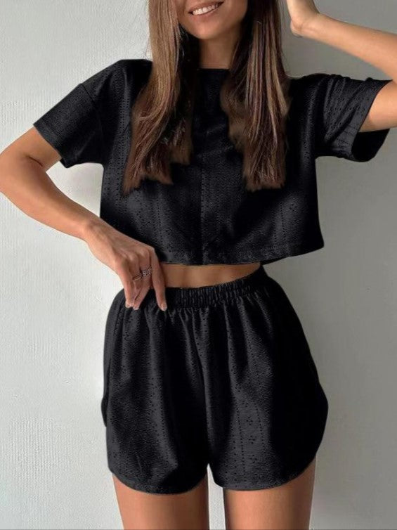 Eyelet Crop Tee and Lounge Shorts Set - Black