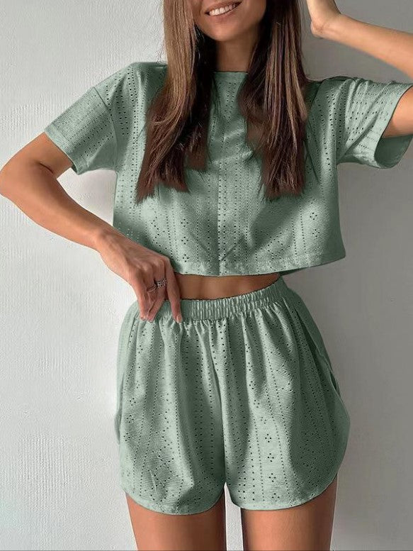Eyelet Crop Tee and Lounge Shorts Set - Green