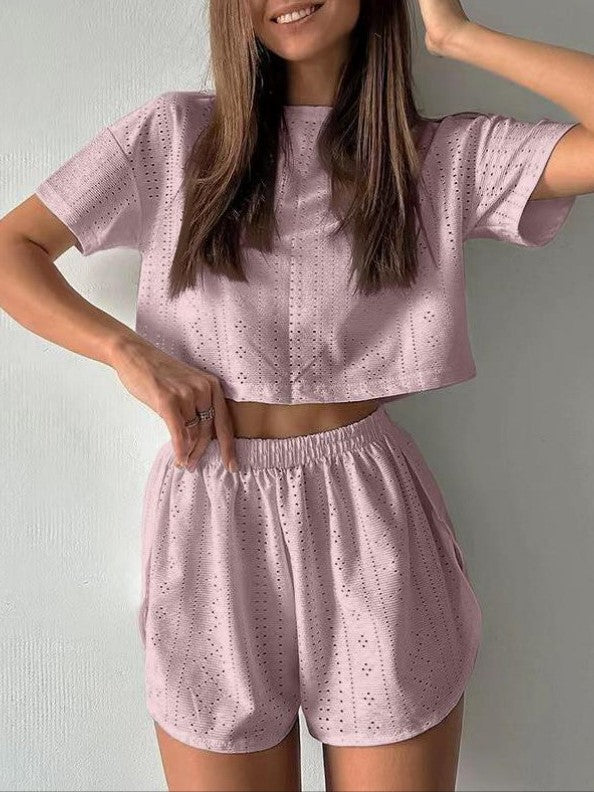 Eyelet Crop Tee and Lounge Shorts Set - Pink