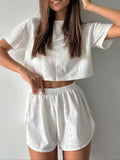 Eyelet Crop Tee and Lounge Shorts Set - White