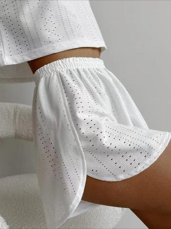 Eyelet Crop Tee and Lounge Shorts Set - White - 2